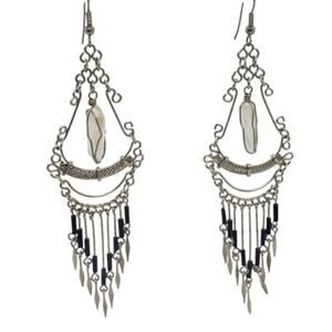 Vtg Silver Clear Quartz & Onyx Beads Handmade Boho Dangle Drop Earrings